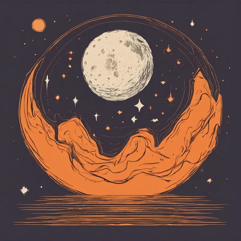 A vector graphic of a full moon behind orange mountains